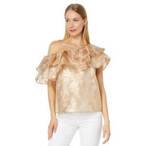 NWT Lilly Pulitzer Trixie One Shoulder Ruffle Gold Organza Brocade Top Womens XS